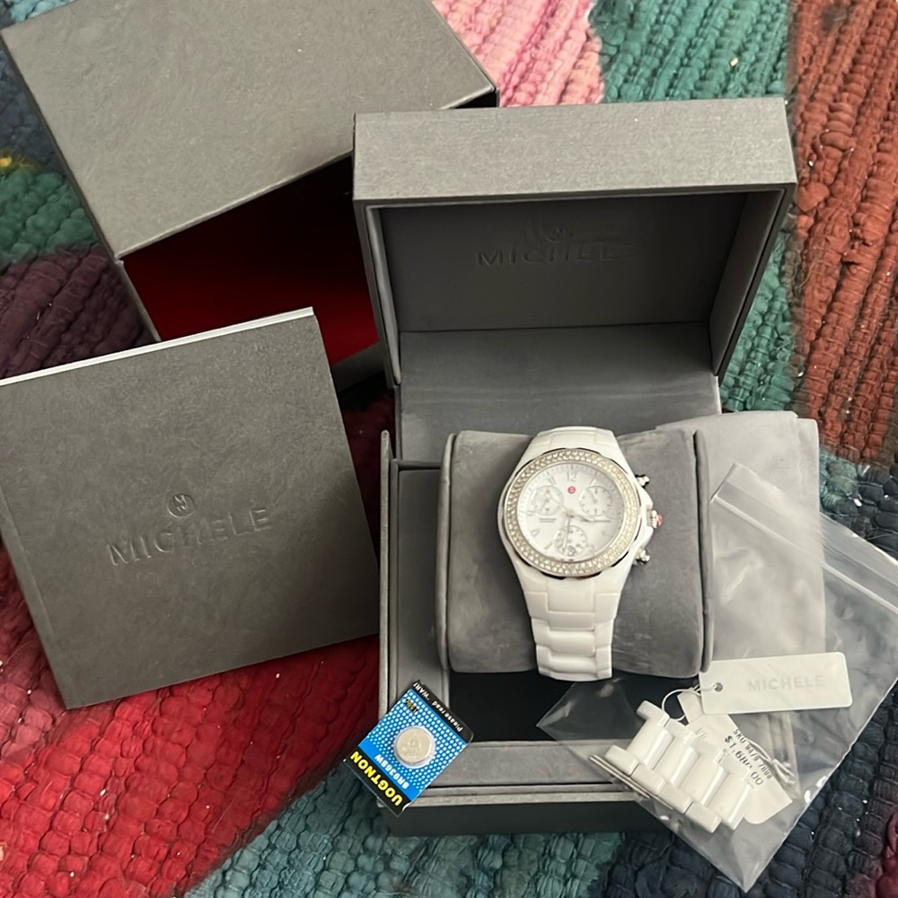 Michele White Ceramic Diamond Bezel Chronograph Watch